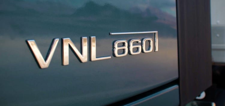 Close-up of the VNL 860 badge on a Volvo truck