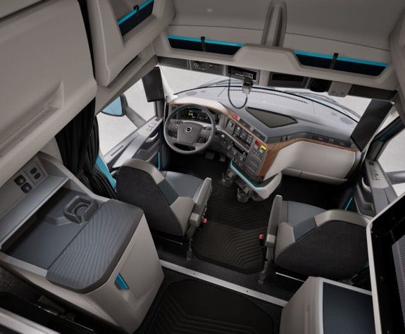 Volvo VNL cab interior with fingertip control dashboard.