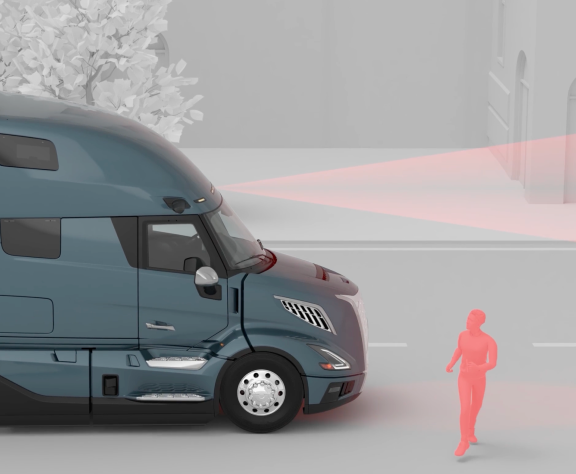 Volvo VNL demonstrating advanced pedestrian detection system