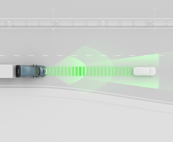 Top view of Active Cruise Assist in a Volvo VNL maintaining distance