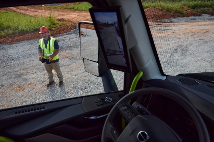 The view from the drivers seat showing the mirrors and remote steering capabilities.