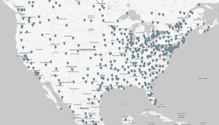 A map of North America marked with numerous pins indicating Volvo Trucks dealer locations across the United States, Canada, and Mexico.