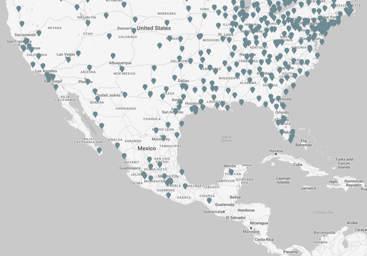 A map of North America marked with numerous pins indicating Volvo Trucks dealer locations across the United States, Canada, and Mexico.