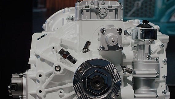 A close-up view of the Volvo VNR Electric truck's electric motor assembly.