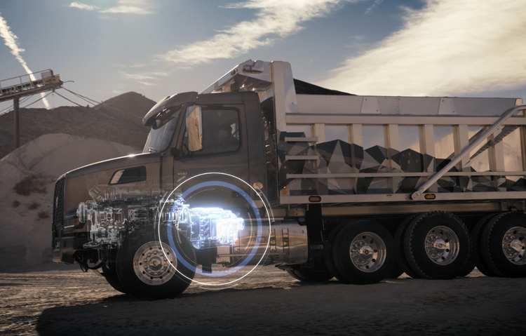 Side view of a Volvo VHD dump truck at a worksite