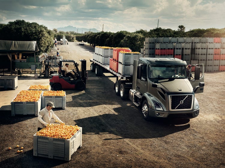 A Volvo VNR truck parked at a citrus farm, loaded with crates of oranges as workers and a forklift prepare shipments.
