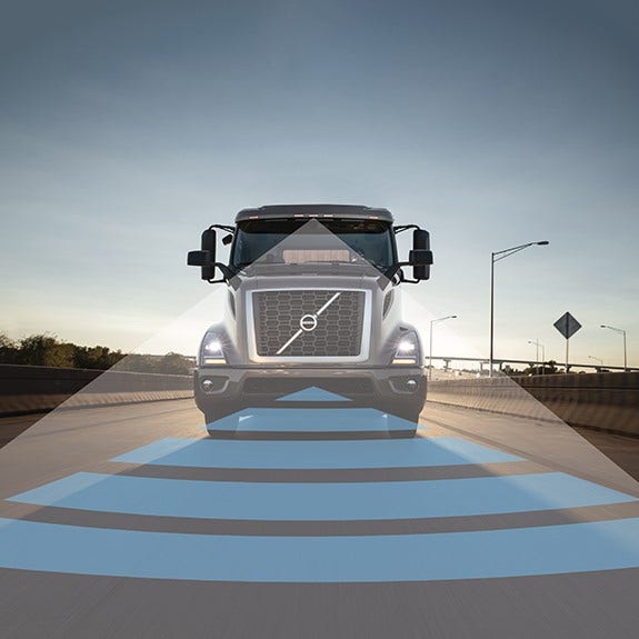 A Volvo VNR truck on a highway, overlaid with graphics illustrating its advanced driver assistance system using blue radar and sensor zones.