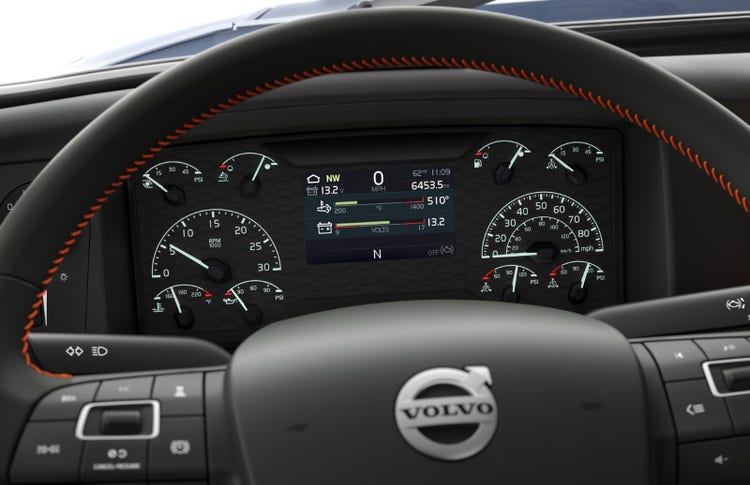 Close-up of the Volvo VNR truck's digital instrument cluster