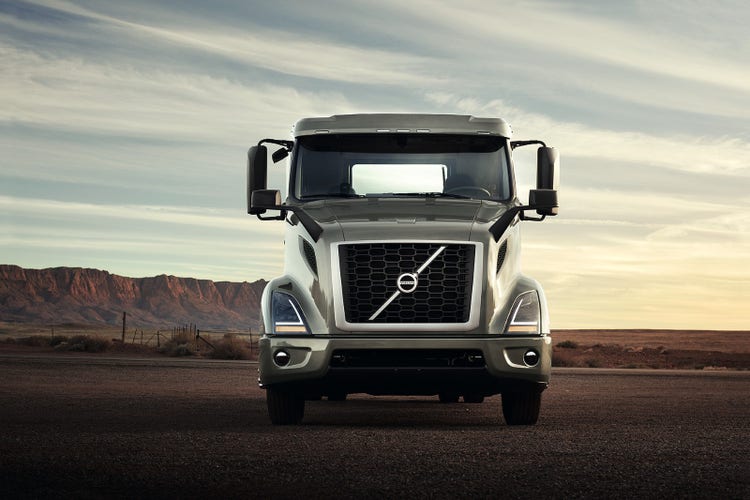 Front view of Volvo VNR truck.