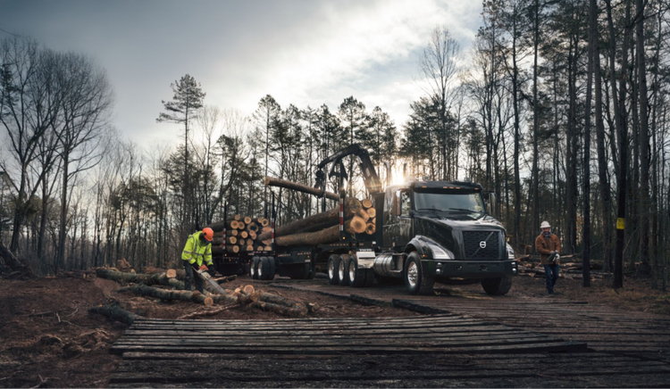 A black Volvo VNX truck at a logging site, loaded with large timber logs