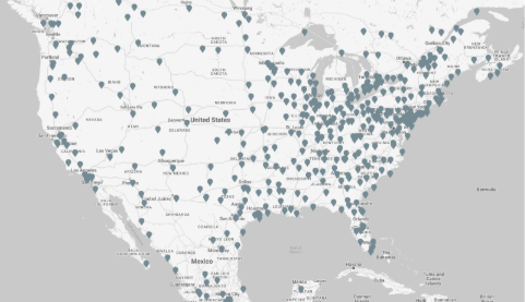 A map of North America marked with numerous pins indicating Volvo Trucks dealer locations across the United States, Canada, and Mexico.