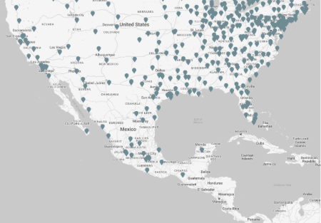 A map of North America marked with numerous pins indicating Volvo Trucks dealer locations across the United States, Canada, and Mexico.